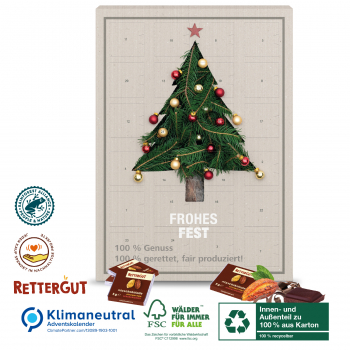 Adventskalender mit RETTERGUT Mixschokolade, Klimaneutral, FSC®, Innen- und Außenteil zu 100% aus Karton