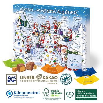 Adventskalender mit Ritter SPORT Schokowürfel, Klimaneutral, FSC®, Inlay aus 100% recyceltem Material