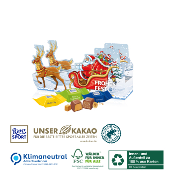Adventskalender-Schlitten mit vier Türchen Ritter SPORT, Klimaneutral, FSC®, Innen- und Außenteil zu 100% aus Karton