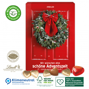 Adventskalender „Schokoladen-Herzen“, Klimaneutral, FSC®, Inlay aus 100% recyceltem Material