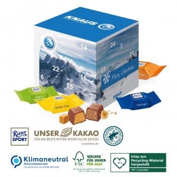 Adventskalender Cube mit Ritter SPORT Schokowürfel, Klimaneutral, FSC®, Inlay aus recyceltem Material