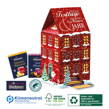 Adventskalender Tee-Haus Meßmer, Klimaneutral, FSC®, Innen- und Außenteil zu 100% aus Karton