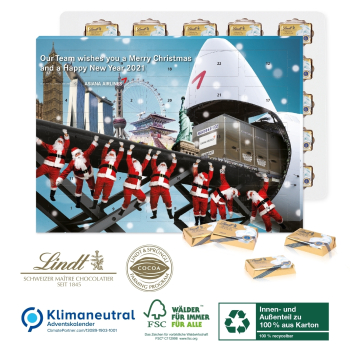 Ökologischer Karton-Adventskalender Lindt Täfelchen, Klimaneutral, FSC®, Innen- und Außenteil zu 100% aus Karton
