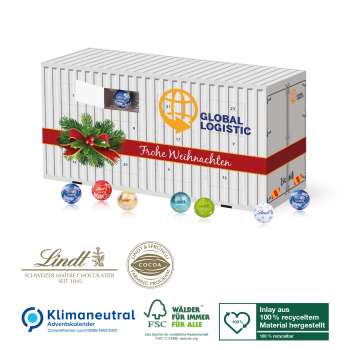 3D Adventskalender Container mit Lindt Lindor, Klimaneutral, FSC®, Inlay aus 100% recyceltem Material